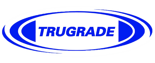 Blue and white Trugrade logo with an oval border and curved swooshes on a white background.