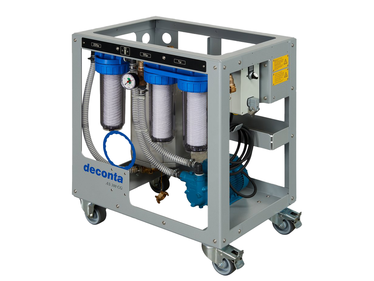 Deconta AS 300 CG mobile water filtration unit with multi-stage filters and pump.