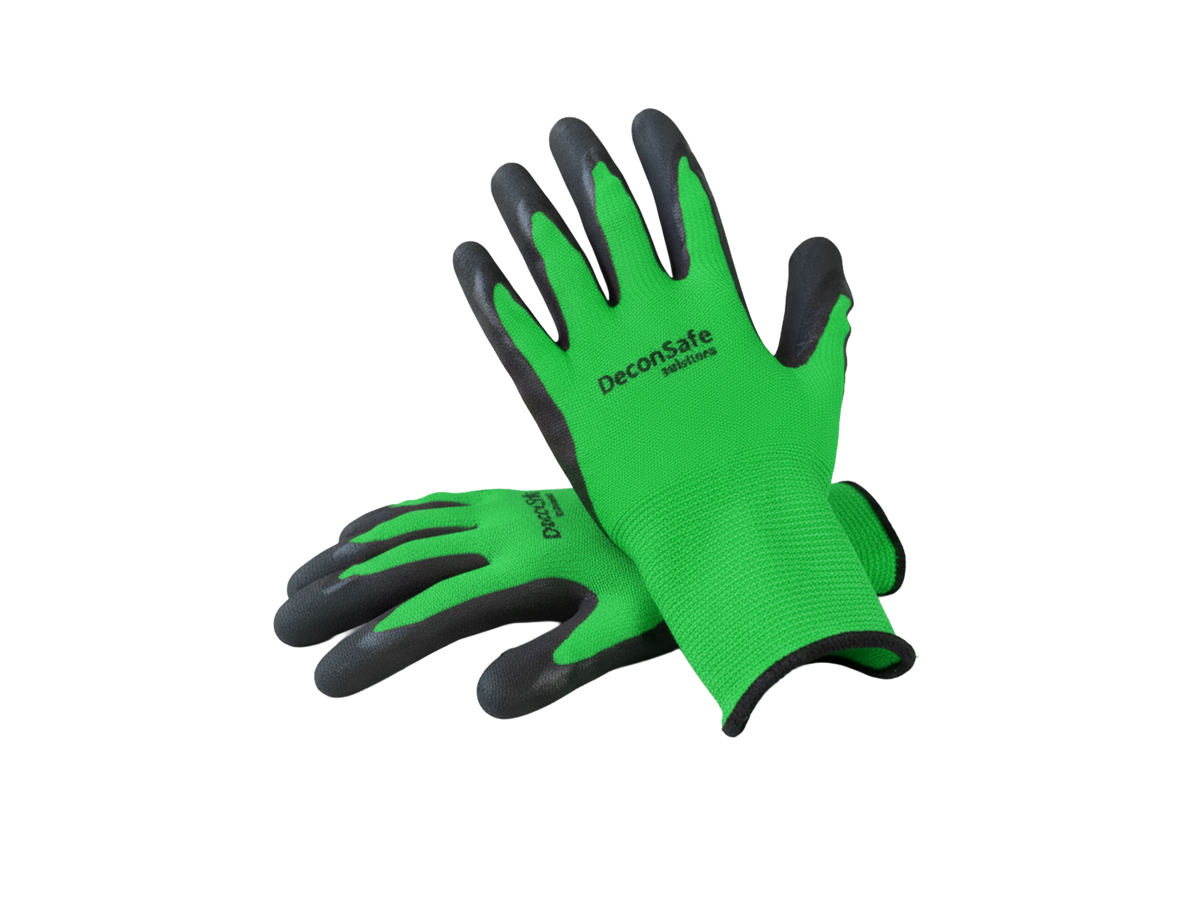 A pair of green and black DeconSafe protective work gloves isolated on a transparent background.