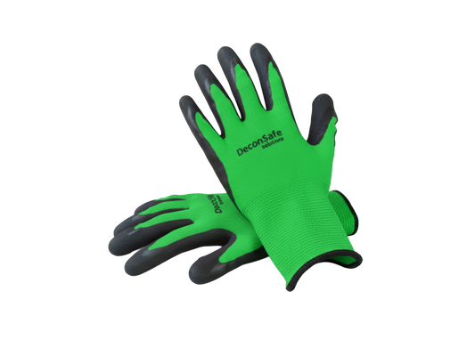 A pair of green and black DeconSafe protective work gloves isolated on a transparent background.