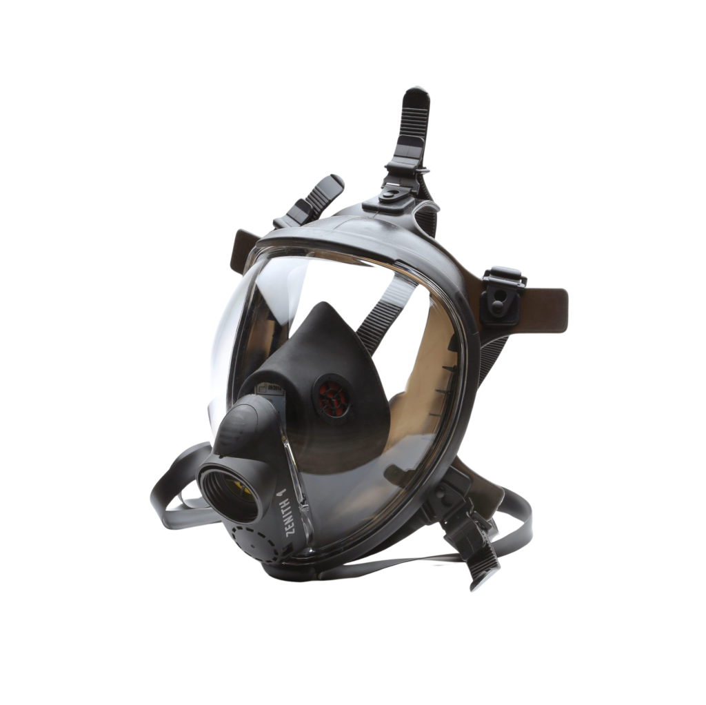 Zenith1 full-face respirator mask with clear visor and adjustable head harness.