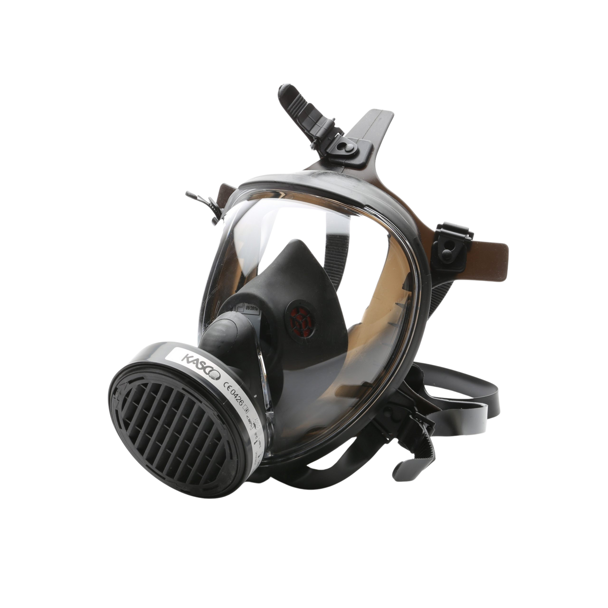 A full-face respirator mask from Kasco, featuring a clear visor, adjustable head straps, and a side-mounted filter cartridge.
