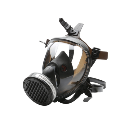 A full-face respirator mask from Kasco, featuring a clear visor, adjustable head straps, and a side-mounted filter cartridge.