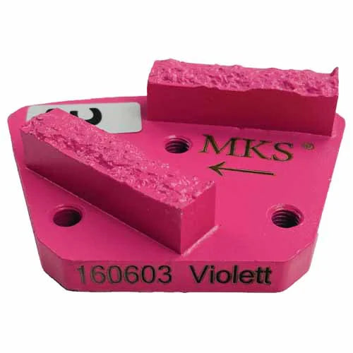 A pink, fan-shaped MKS diamond grinding segment, labeled "160603 Violett," with two abrasive bars and mounting holes.