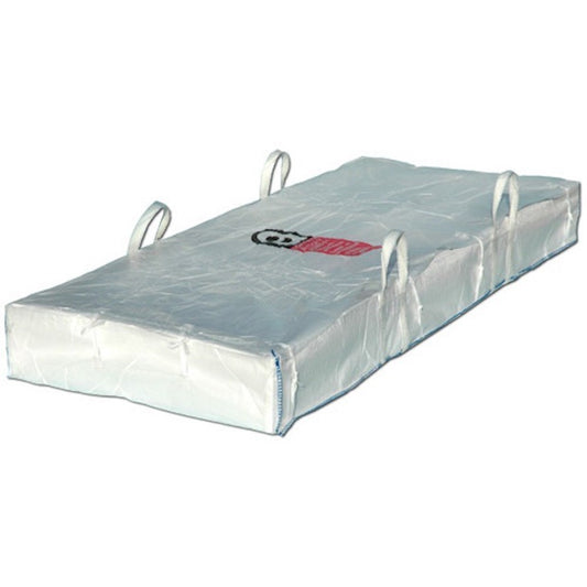 A large, rectangular white industrial waste bag with lifting straps for asbestos sheeting such as supersix sheeting