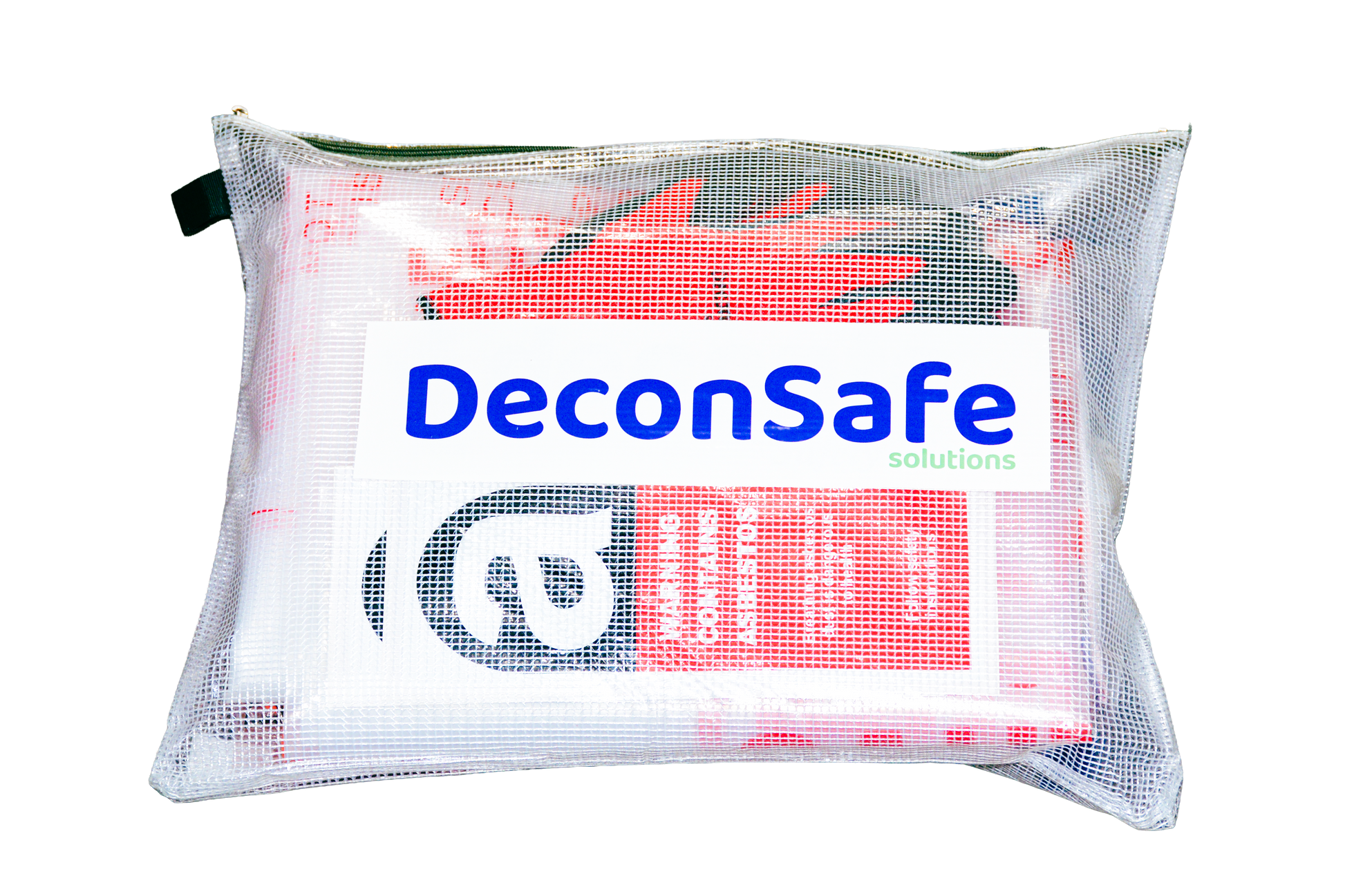 A clear, zippered mesh pouch containing a DeconSafe asbestos safety kit, showing protective gloves, bags, and warning labels inside.