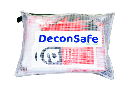 A clear, zippered mesh pouch containing a DeconSafe asbestos safety kit, showing protective gloves, bags, and warning labels inside.