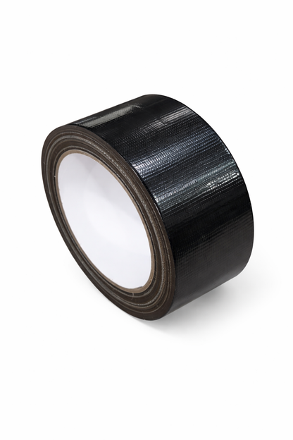 A roll of black cloth duct tape on a white background with a plain white inner core.