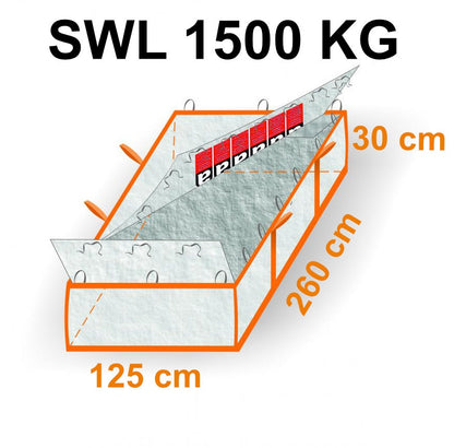 A technical diagram of a rectangular industrial waste bag with dimensions of 260 cm by 125 cm by 30 cm and a 1500 kg load capacity.