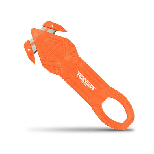 An orange plastic self-defense keychain cutter with a built-in ring handle and visible silver blade, shown on a white background with a soft drop shadow.