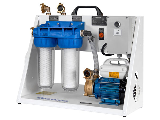 Deconta AS 200 wastewater filtration unit with dual 220 and 1 micron water filters and an integrated electric pump.