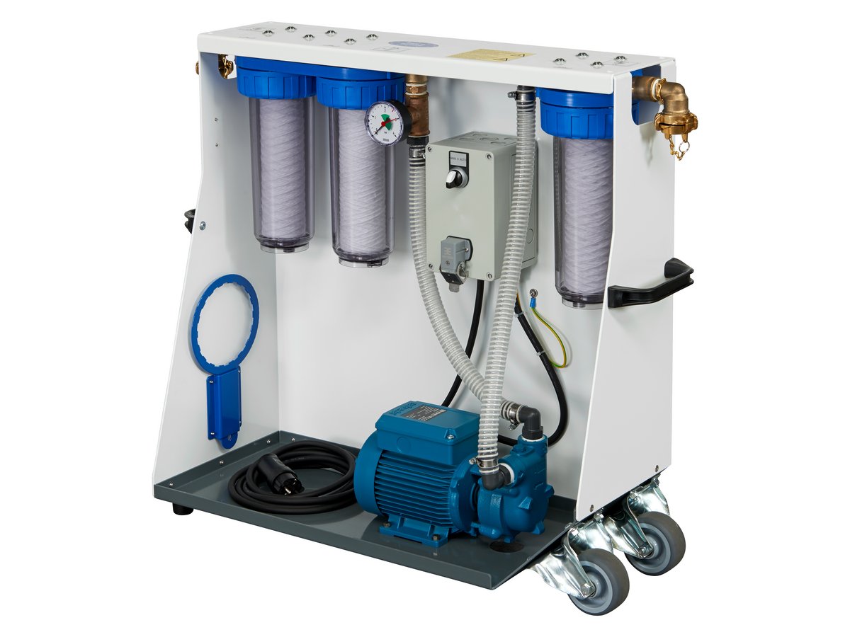 Deconta AS 300 mobile wastewater unit featuring three clear filter housings, a pressure gauge, and a heavy-duty electric pump.