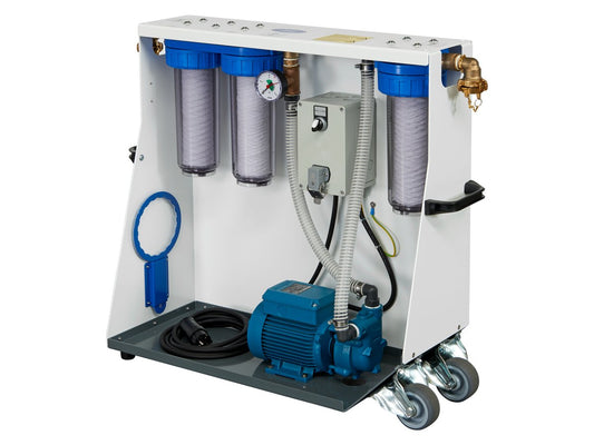 Deconta AS 300 mobile wastewater unit featuring three clear filter housings, a pressure gauge, and a heavy-duty electric pump.