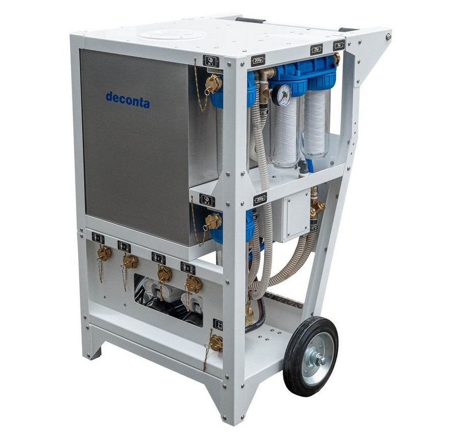 Deconta SW120L mobile 120-litre decontamination water filtration treatment unit with pressure gauge and wheels.