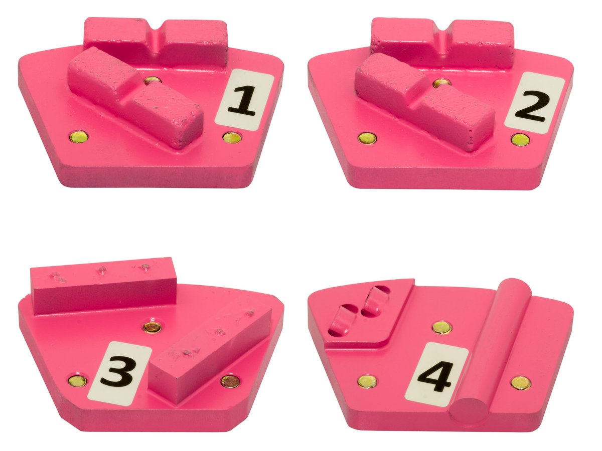 Four pink, fan-shaped diamond grinding segments numbered 1 through 4, each with distinct abrasive configurations for concrete floor preparation. 