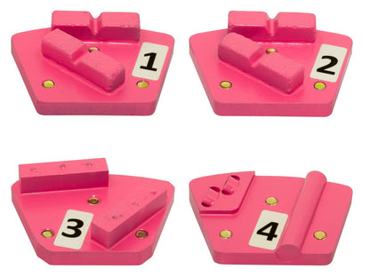 Four pink, fan-shaped diamond grinding segments numbered 1 through 4, each with distinct abrasive configurations for concrete floor preparation. 