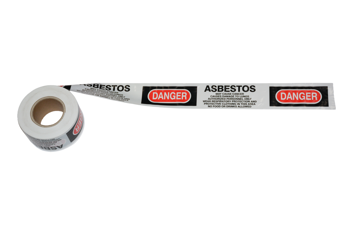 Red and black Danger Asbestos warning barricade tape, 75mm x 300m for asbestos exclusion zones