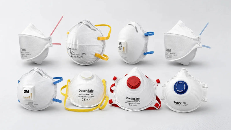 Range of disposable P2 and FFP3 respirators available for respirator fit testing at DeconSafe Solutions, Auburn NSW, Australia.