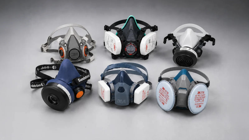 Half face reusable respirators from 3M, JSP and Sundstrom used for respirator fit testing at DeconSafe Solutions, Auburn NSW, Australia.