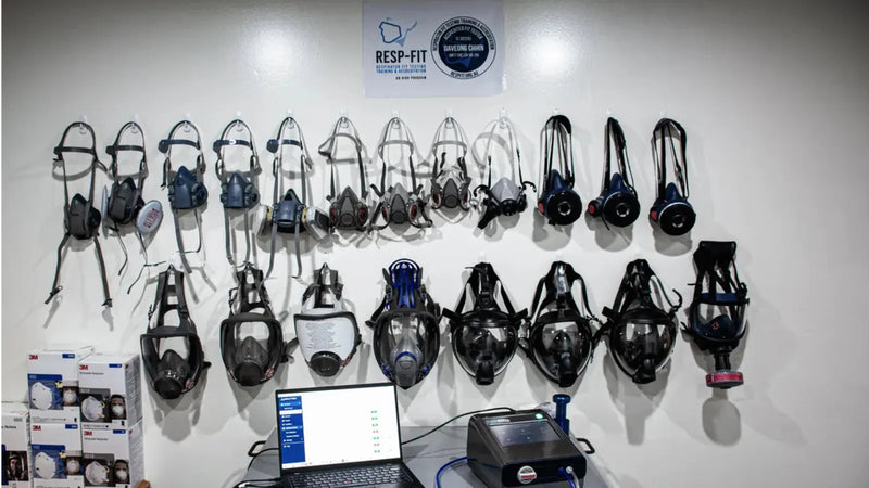RESP-FIT accredited quantitative fit testing facility at DeconSafe Solutions in Auburn NSW, Australia, showing the respirator range and AccuFIT testing equipment.