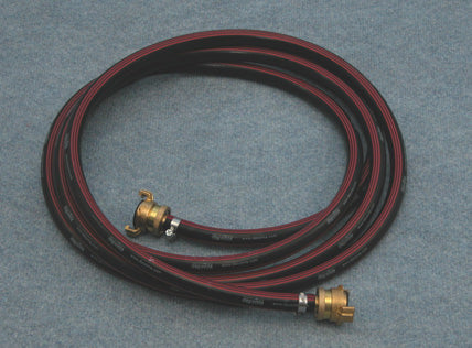 A black industrial hose with red longitudinal stripes and brass-colored claw-style quick-connect fittings at both ends. 