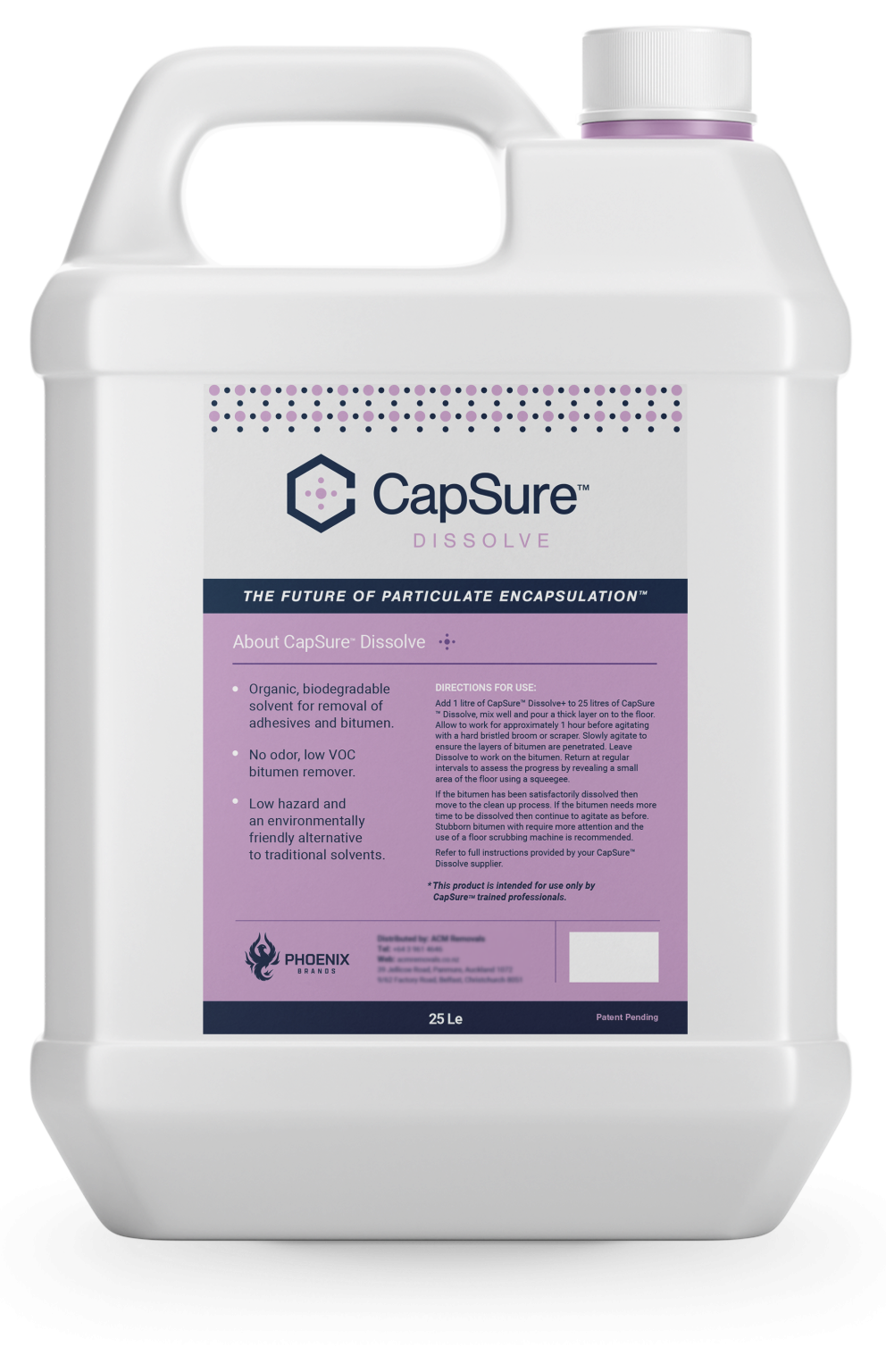 25L bottle of CapSure Dissolve organic biodegradable solvent and bitumen remover by Phoenix Brands.