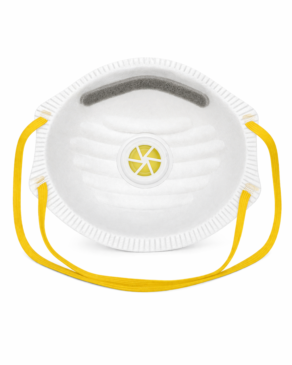 The inside view of a white, cup-shaped FFP2 dust mask against a white background, highlighting a grey foam nose pad, a central circular yellow exhalation valve, and two yellow elastic head straps.
