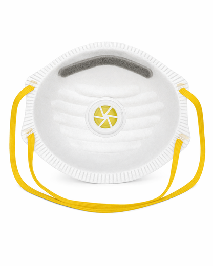 The inside view of a white, cup-shaped FFP2 dust mask against a white background, highlighting a grey foam nose pad, a central circular yellow exhalation valve, and two yellow elastic head straps.