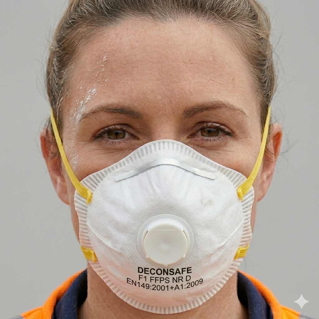 A close-up photograph of a woman wearing a white DeconSafe F1 FFP3 respirator dust mask with a circular exhalation valve and yellow straps. She has flecks of white dust on her forehead and is wearing a high-visibility orange vest.