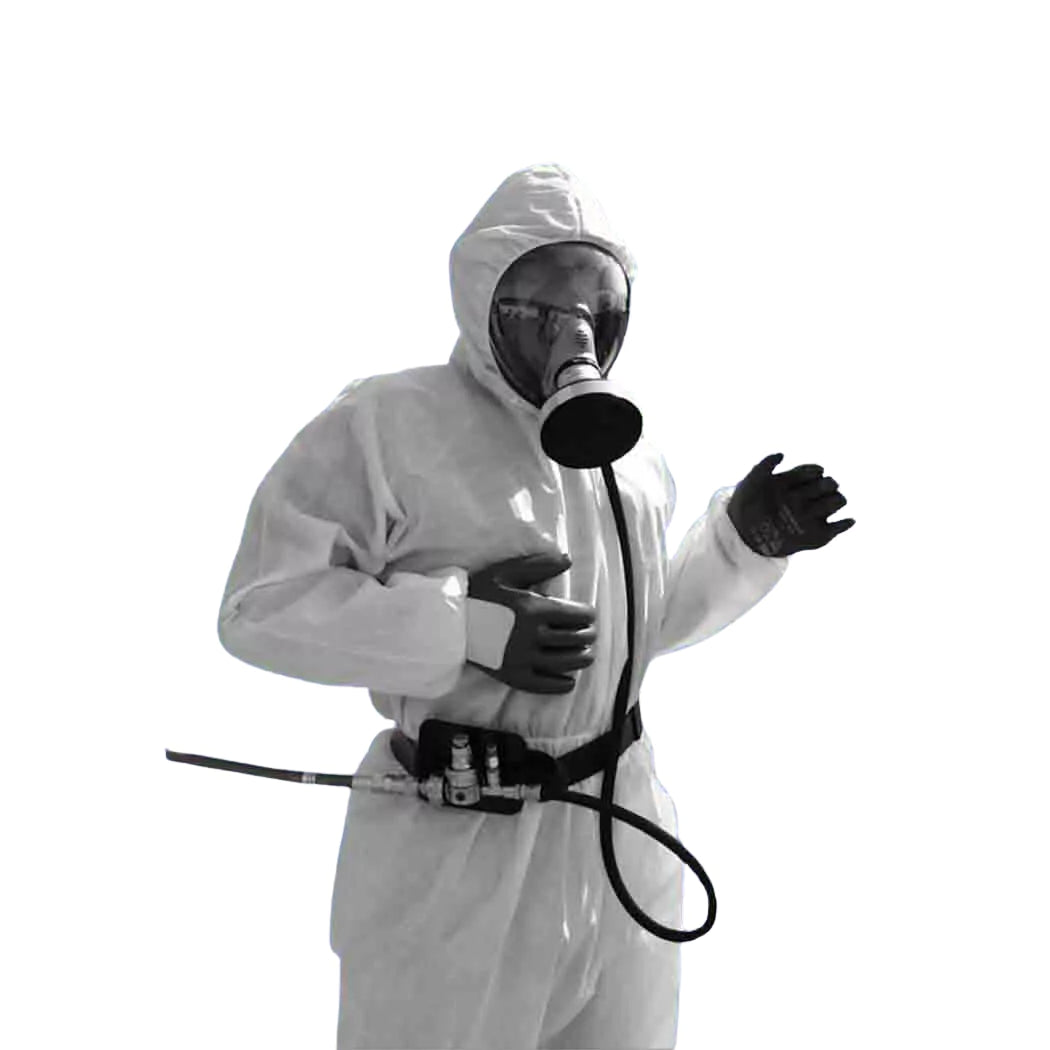 A person wearing a full face respiratory protective mask.