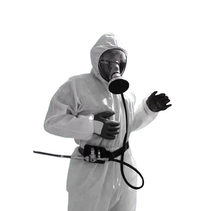 A person wearing a full face respiratory protective mask.