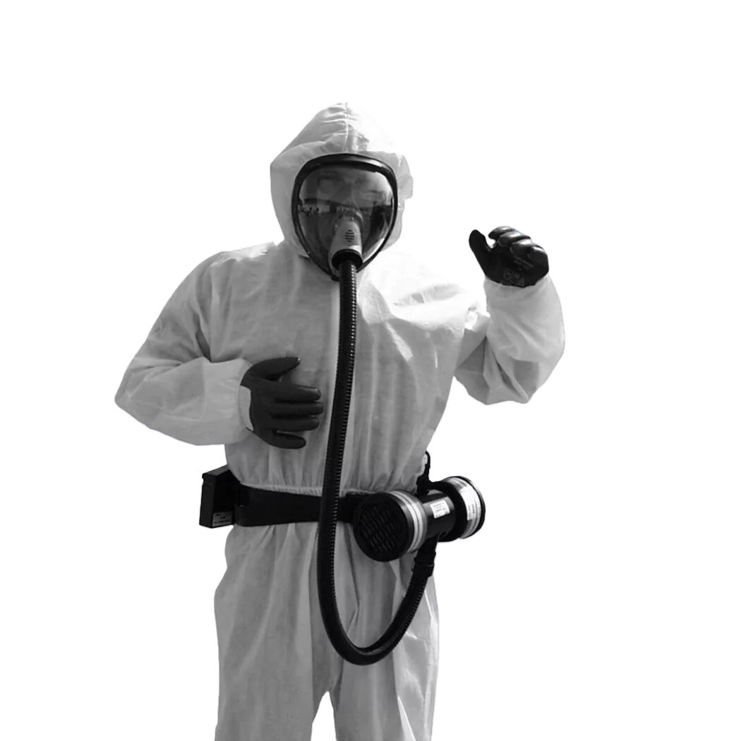 A person wearing a full face respiratory protective mask for decontamination job.