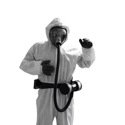 A person wearing a full face respiratory protective mask for decontamination job.