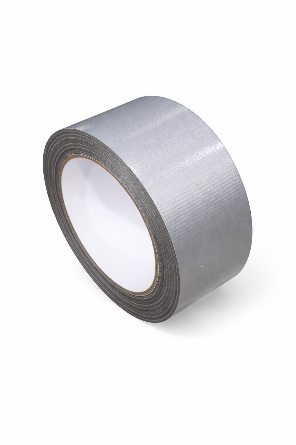 A roll of grey cloth duct tape on a white background with a plain white inner core.