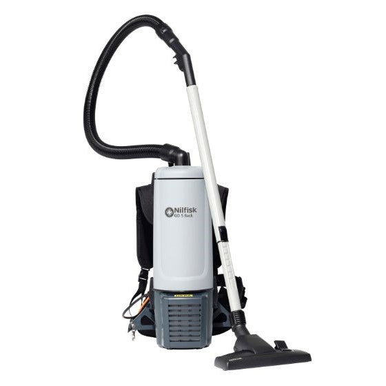 A Nilfisk GD 5 backpack vacuum cleaner with a grey canister and attached floor nozzle on a white background.