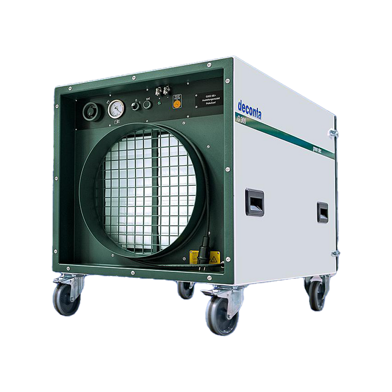 A portable Deconta G 300 industrial air filtration unit on wheels, featuring a large circular intake grill, pressure gauge, and control settings on the front panel.