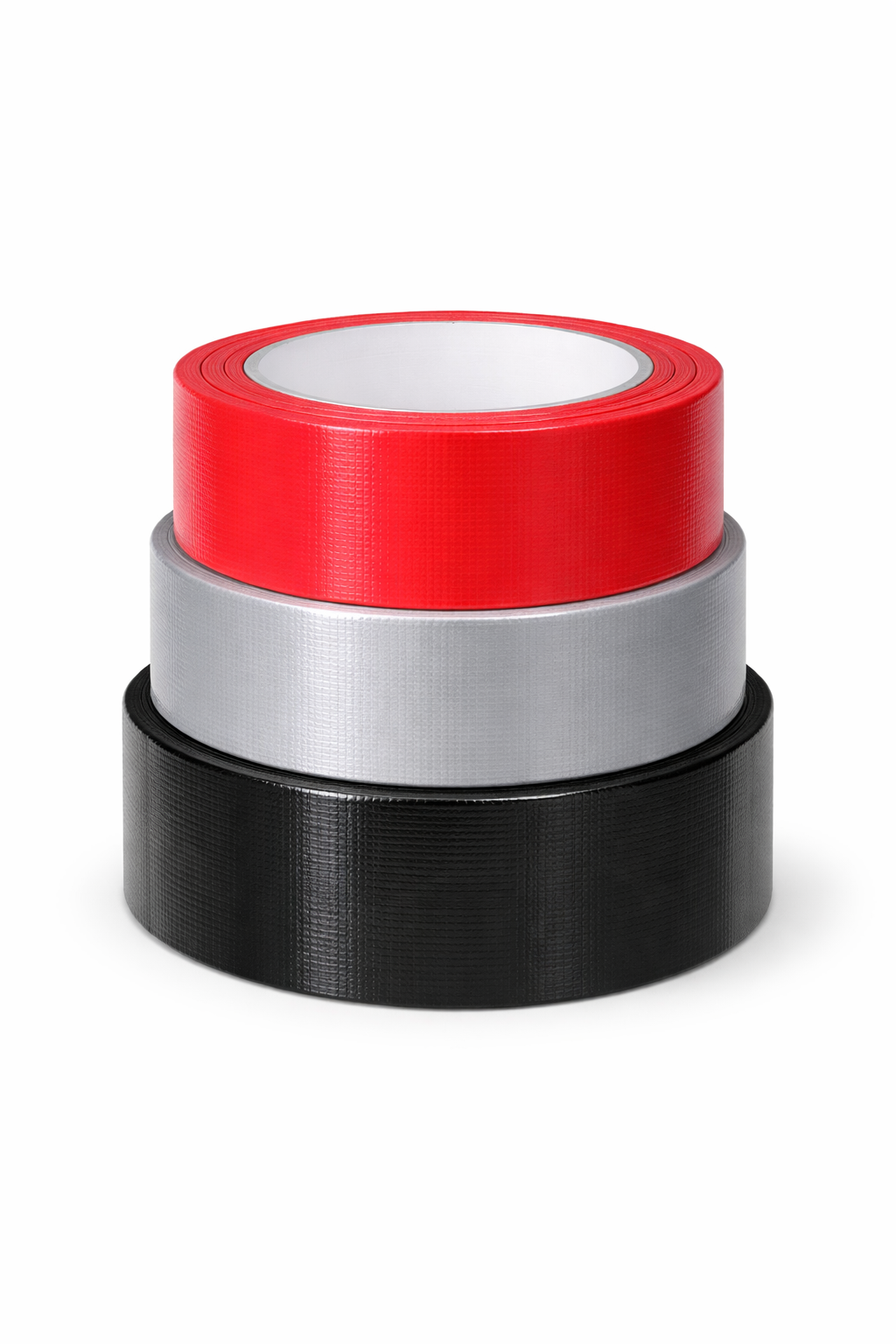 A stack of three rolls of cloth duct tape on a white background, featuring red on top, grey in the middle, and black on the bottom.
