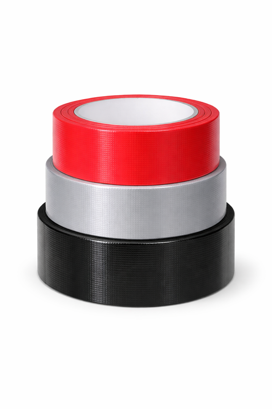 A stack of three rolls of cloth duct tape on a white background, featuring red on top, grey in the middle, and black on the bottom.