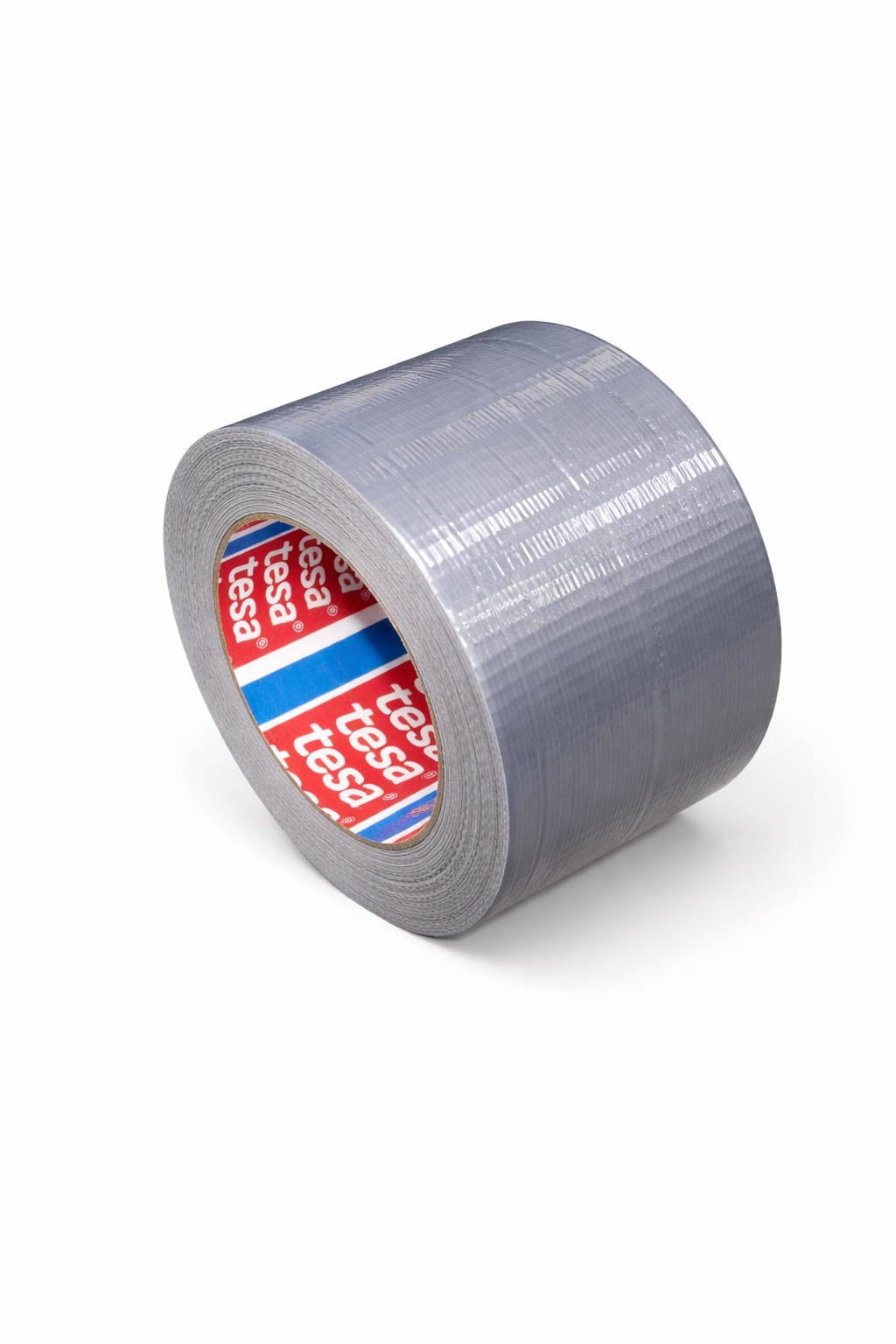 A roll of silver tesa cloth duct tape on a white background, with the red and blue tesa branding visible inside the core.