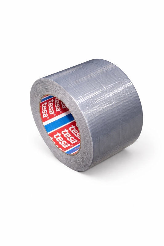 A roll of silver tesa cloth duct tape on a white background, with the red and blue tesa branding visible inside the core.